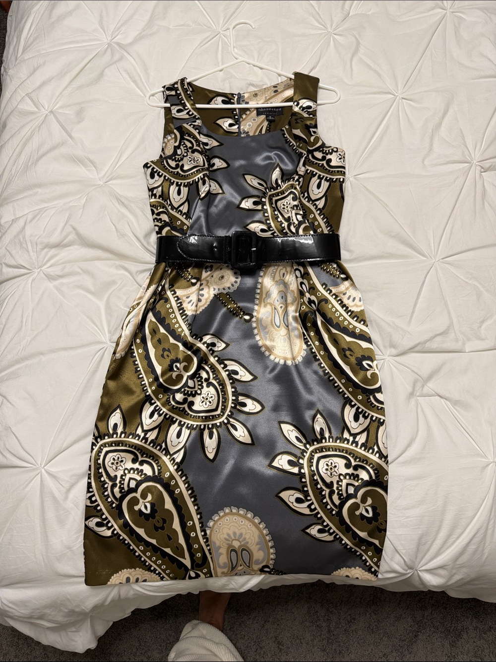 connected apparel Olive Green & Gray Paisley Sheath Dress w Black Belt/pockets